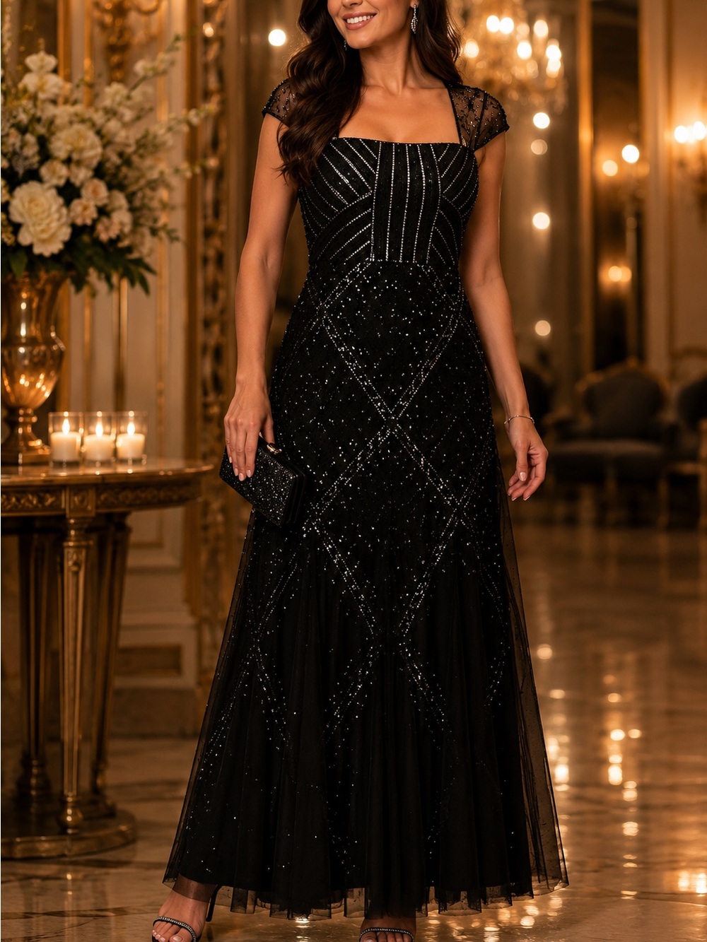 Papell Studio black woman’s cap sleeve square neck, embellished gown, size 12￼